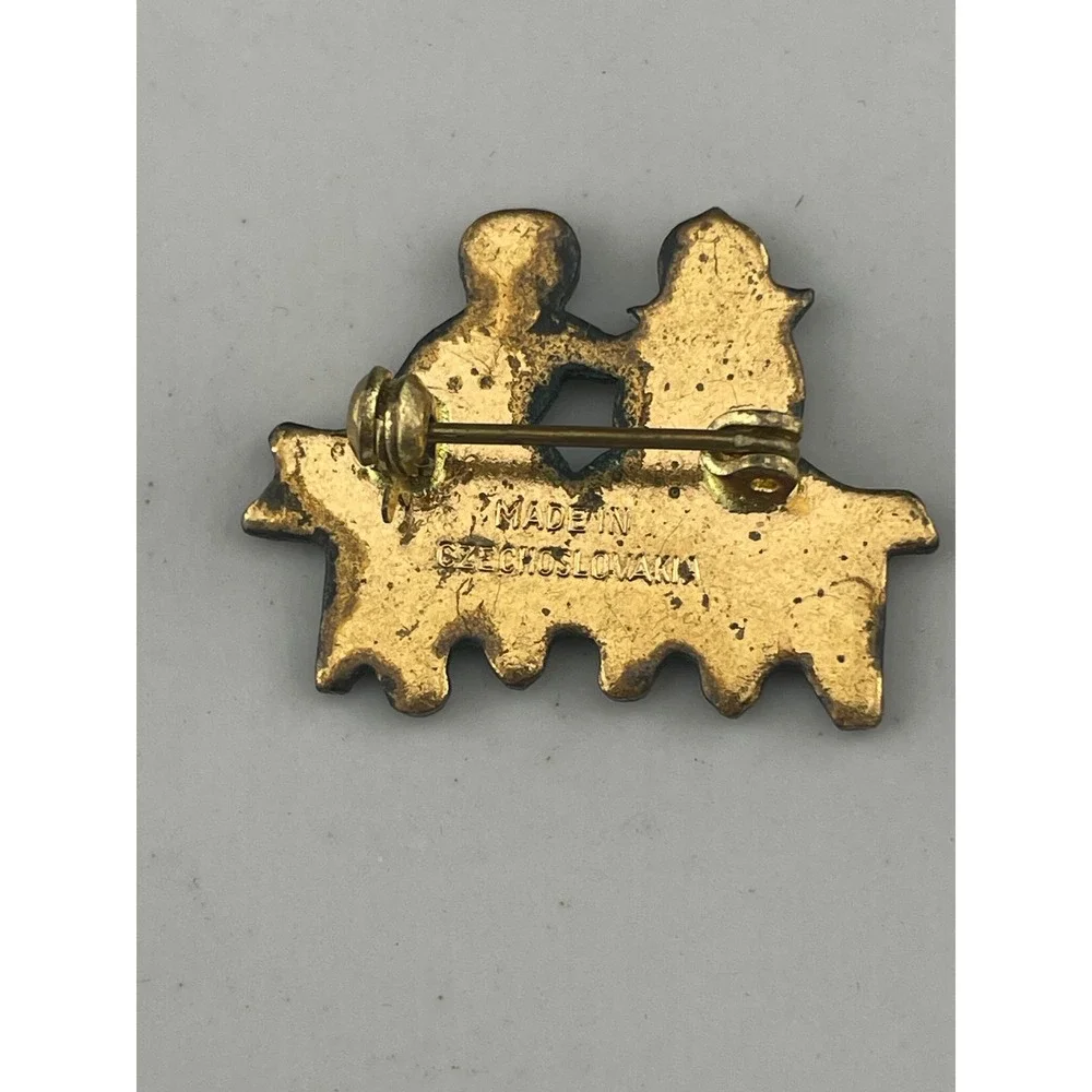 Vintage Czech Figural Brooch Couple on Bench Hand Painted Enamel Pin Vintage